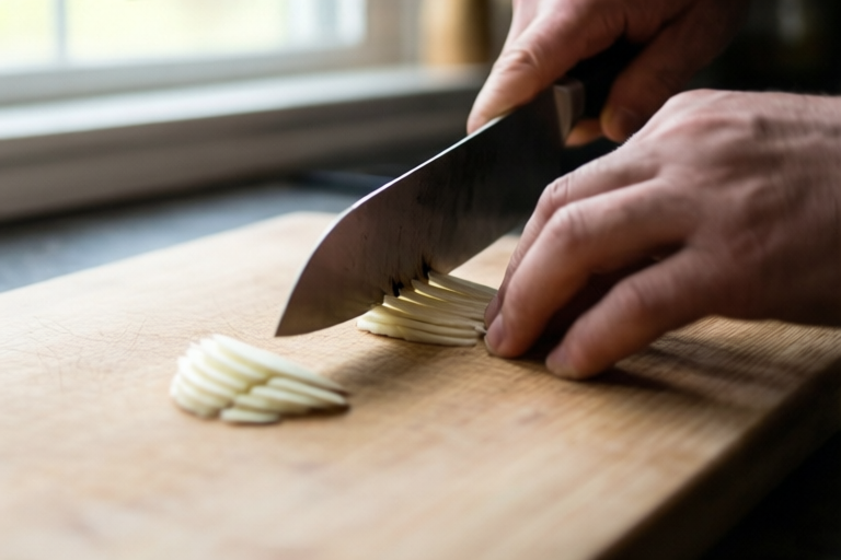 Step 5: Slice with even spacing visual for How to Slice Garlic Thinly Without Burning It